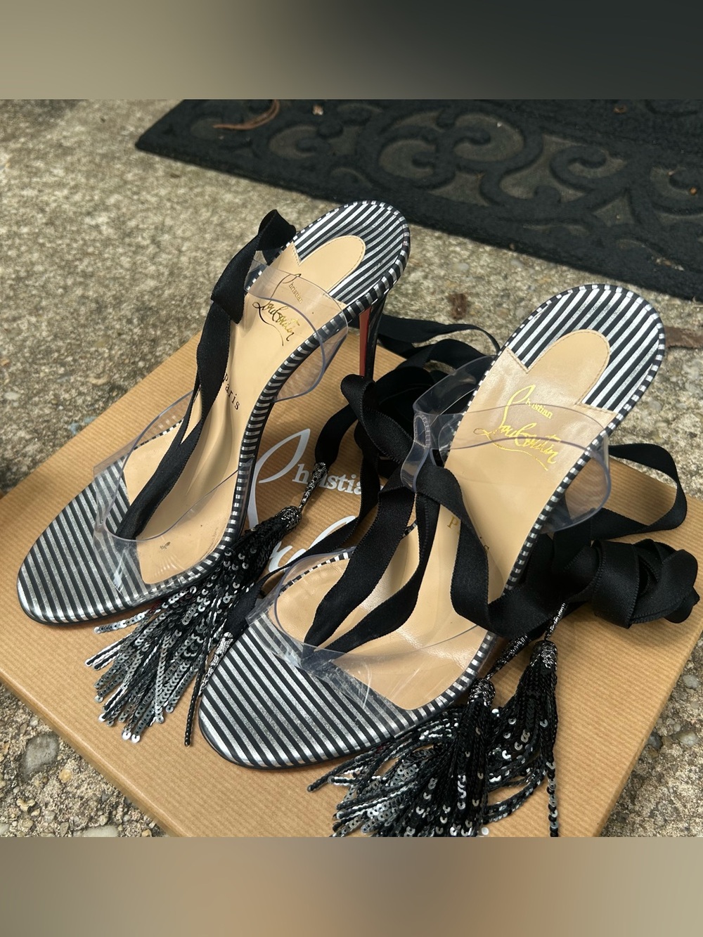 Christian Louboutin Black, Clear Striped Tassel Lace-Up Heels - Picture 2 of 5